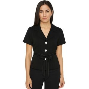 Studio I Knit Top Belted Button Down Short Sleeve Career‎ Black Size 14